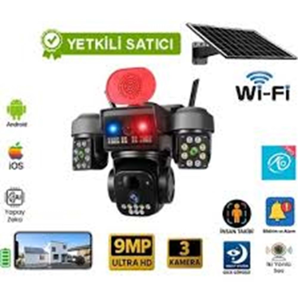 O-KAM-5220 WİFİ SOLAR 3 KAMERALI SİRENLİ ÇAKARLI