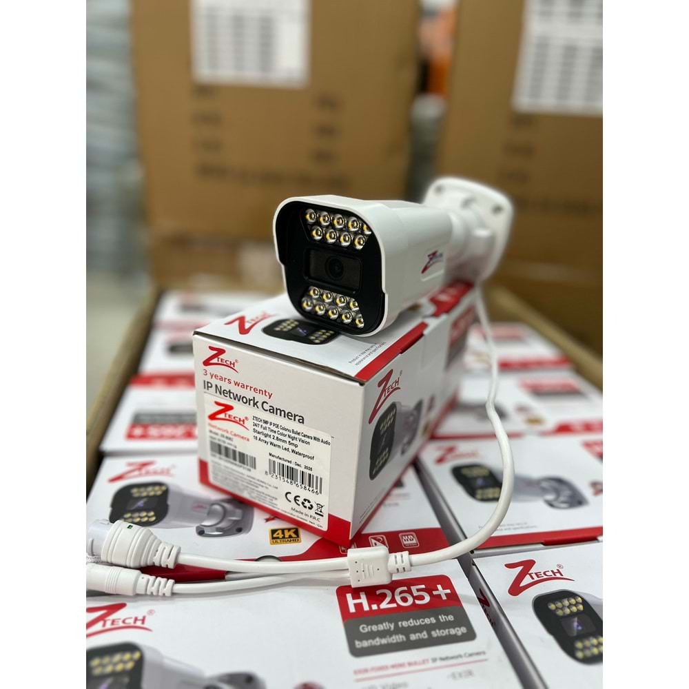 ZTECH ZR-8082 IP 5MP POE 2.8MM 18 ARRAY WARM LED SESLİ,COLORVU PLASTİC BULLET KAMERA