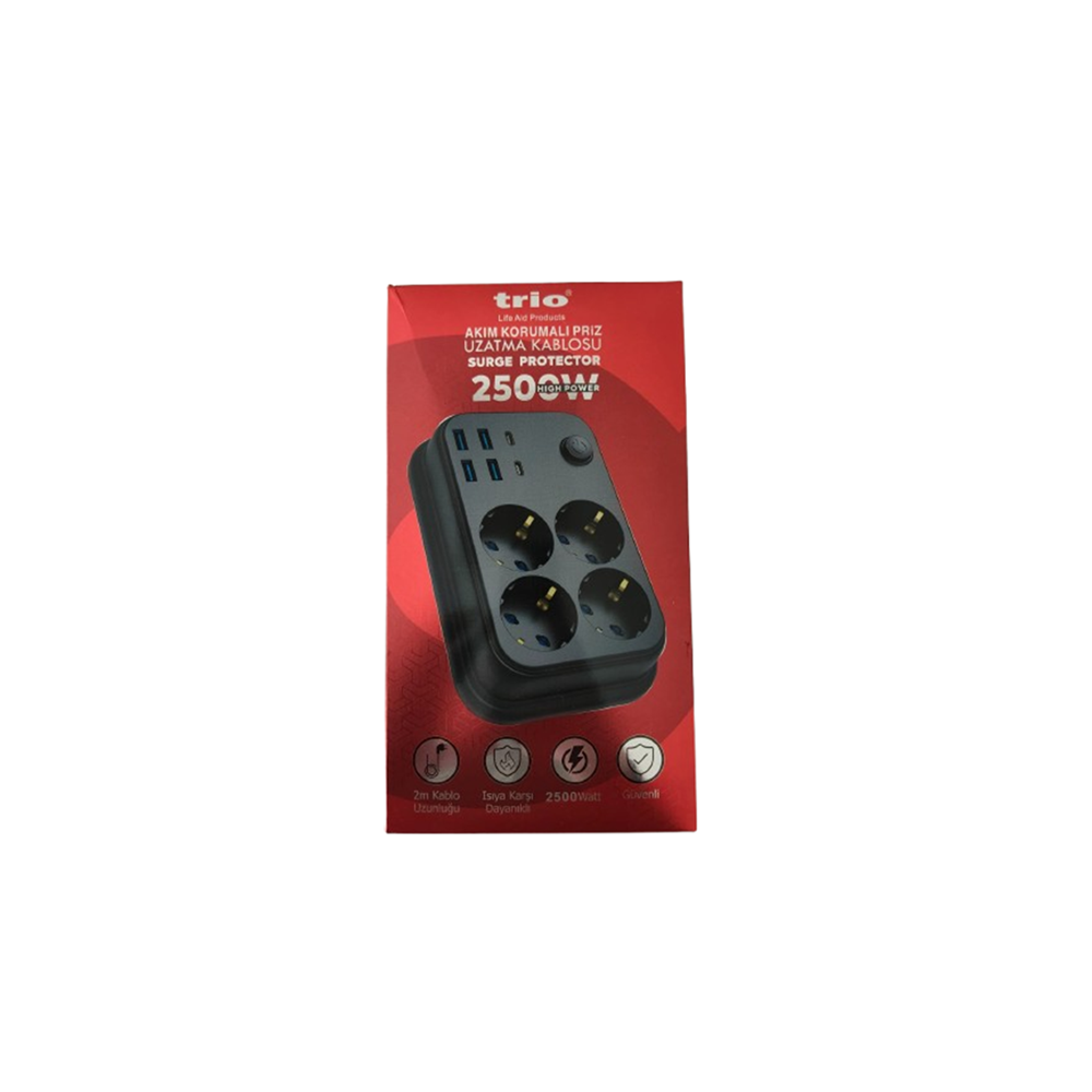 TRİO TR3442 4 LÜ (4*USB+2*TYPE-C) 2500W 2MT AKIM KORUMALI PRİZ