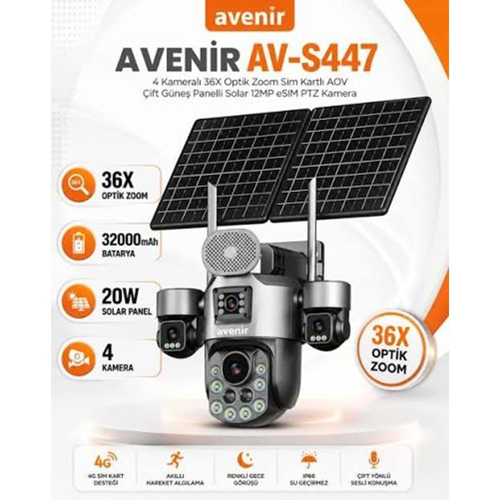 AVENİR AV-S447 4 Kameralı 36X OPTİK ZOOM Sim Kartlı AOV Çift Güneş Panelli Solar 12MP eSİM PTZ Kamera
