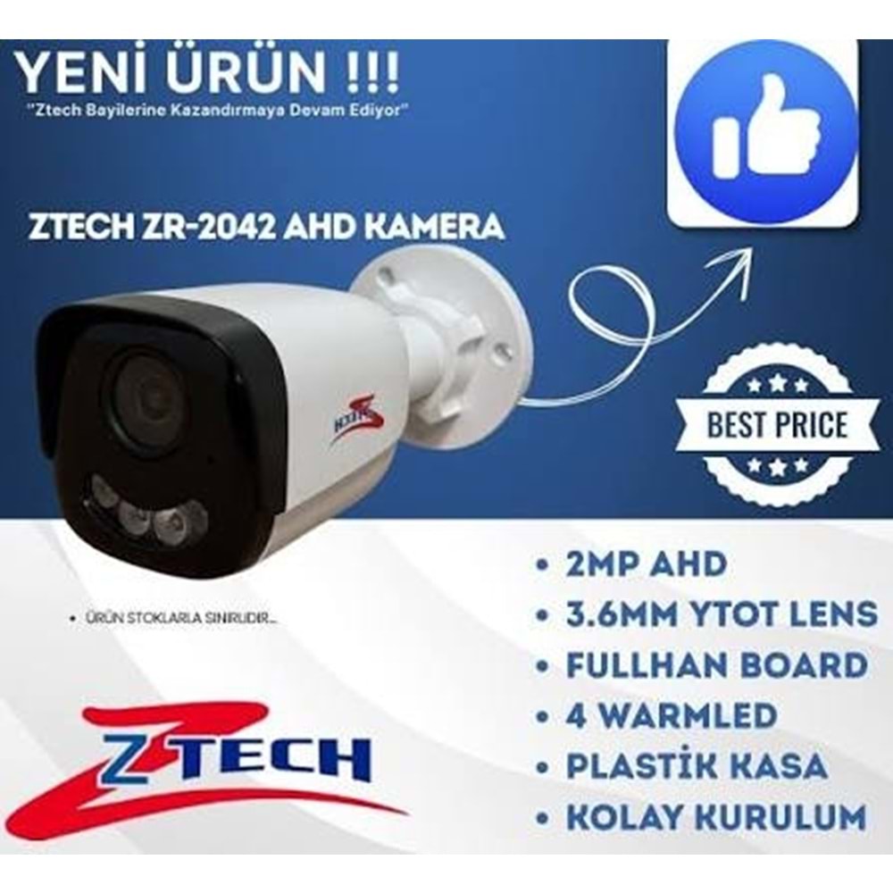 ZTECH ZR-2042 AHD 2MP 3.6mm YTOT LENS 4 WARMLED PLASTİK KAMERA
